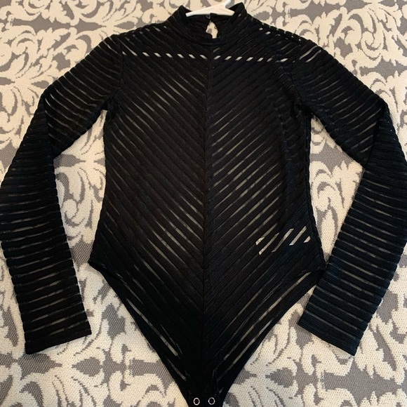 Forever 21 Tops - Black Mesh Striped Turtle Neck Body Suit